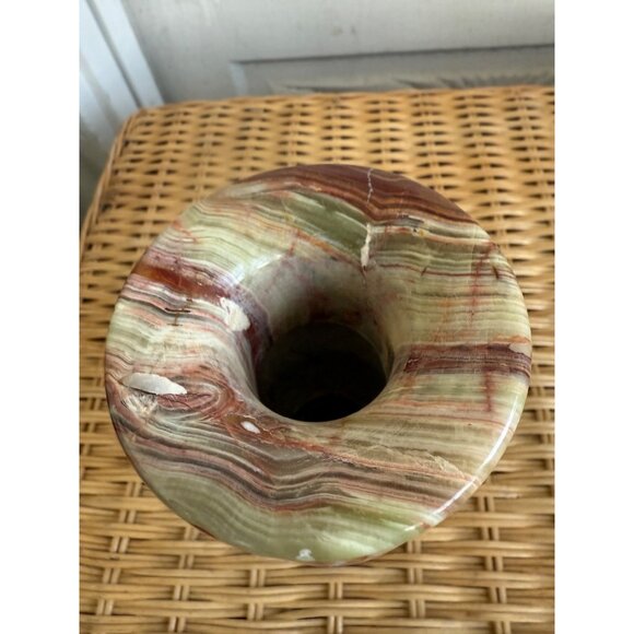 Vintage 70's Green & Brown Banded Onyx Agate Vase 6" Heavy Boho - Picture 7 of 8